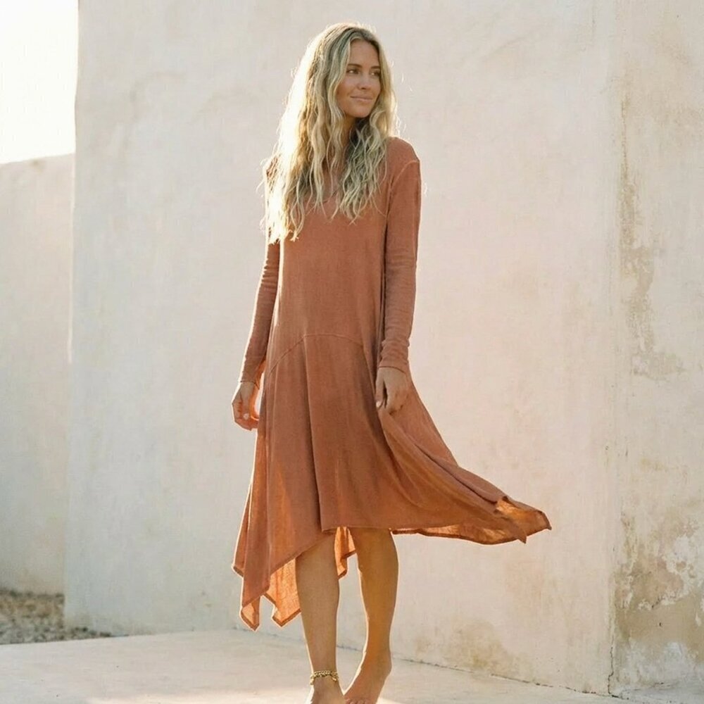 Easel Burnt Orange Muted Rust Autumn tone casual long sleeve ASYMMETRICAL DRESS